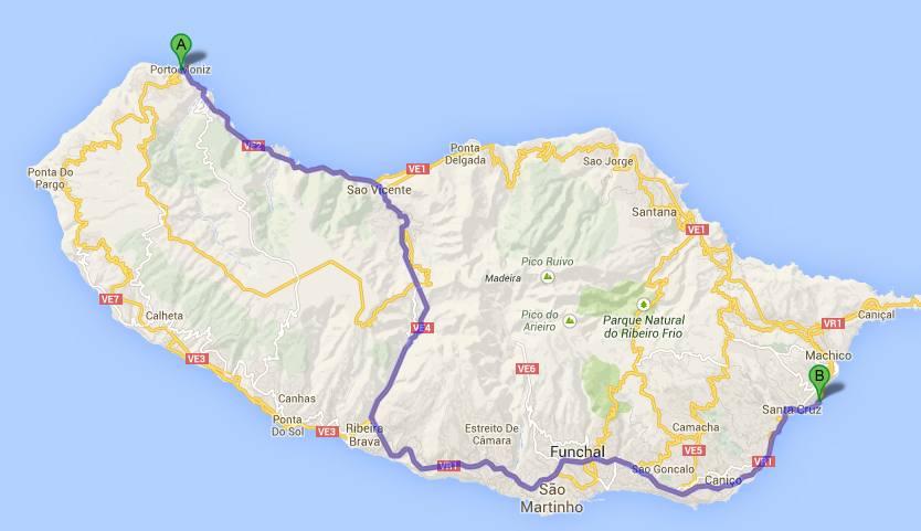 Map of Funchal Airport to Porto Moniz